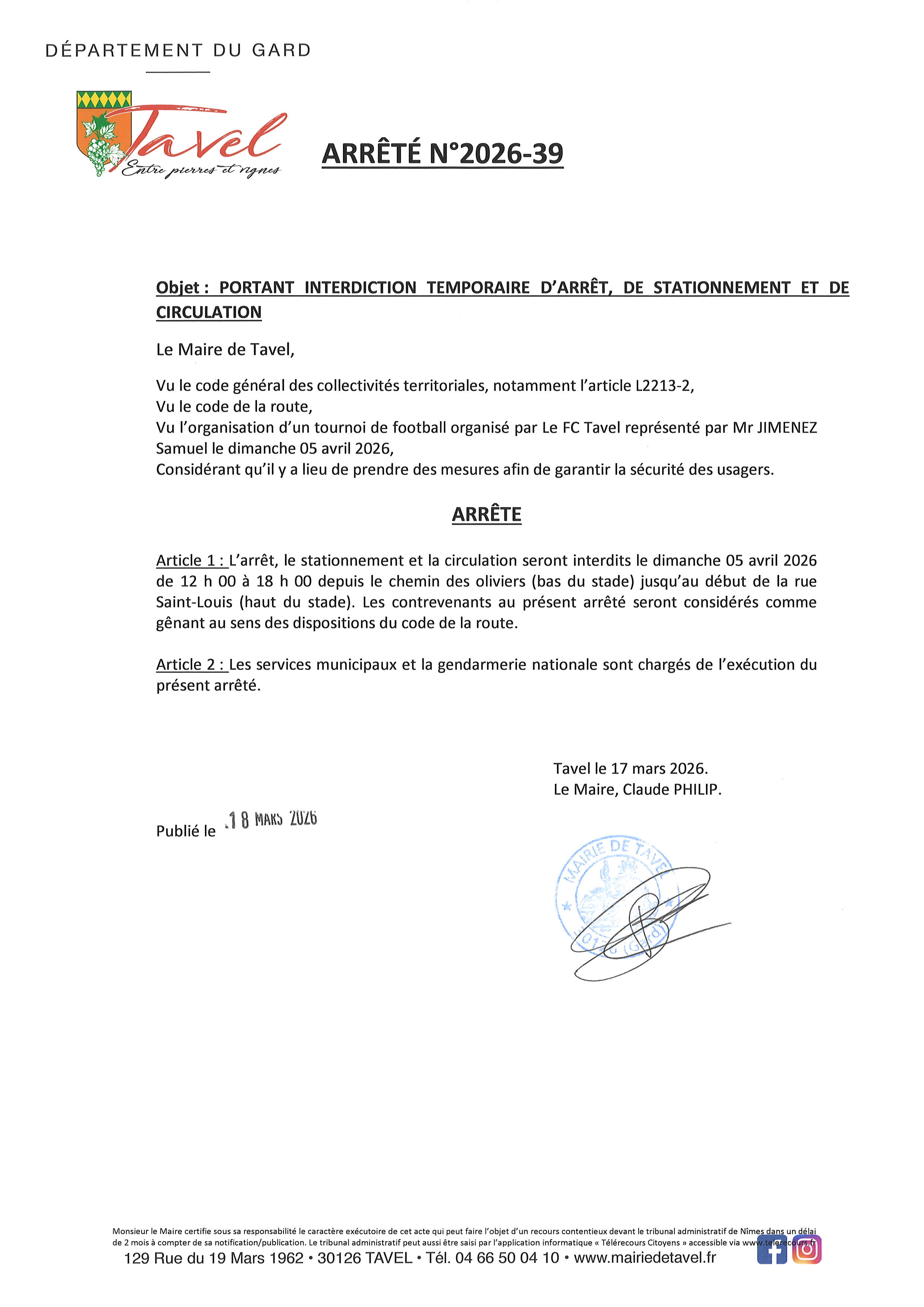 ARRETE 2026 39 FC TAVEL