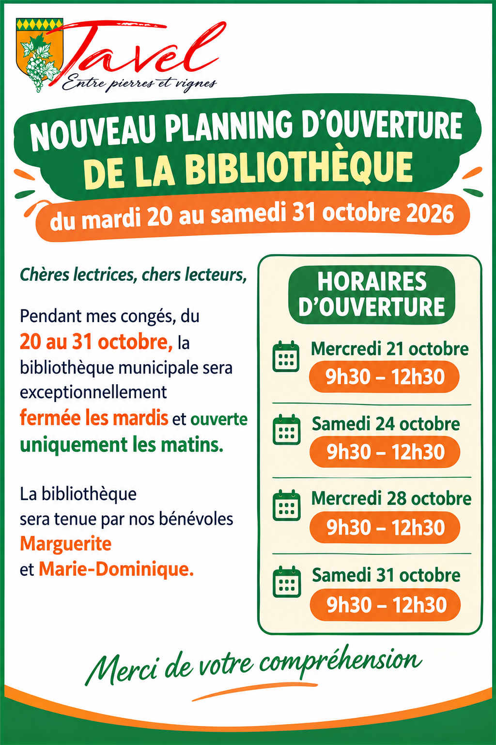 Fermeture bibliotheque en octobre